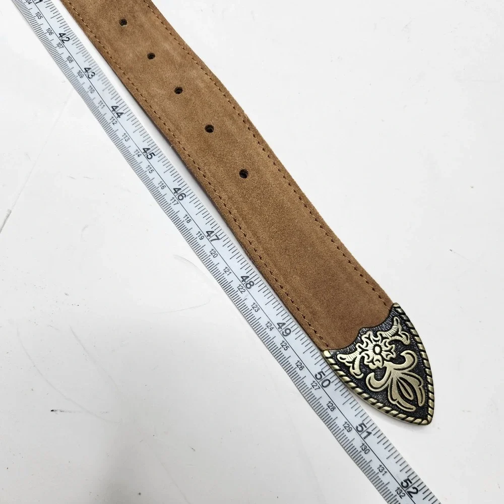 Free People Tan Suede Western Belt Floral Engraved Buckle Tip Brown L/XL